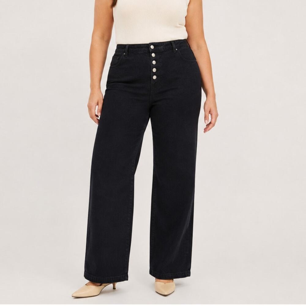 Long Tall Sally Jeans Button Fly High Rise Wide Leg Black Denim 32" Inseam 18